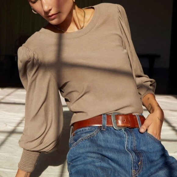 Nation LTD Lored Smocked Peasant Tee in Granite - Picture 1 of 11